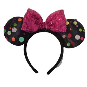 Disney Parks Minnie Mouse Ears Headband Black Polka Dot with Pink Sequin Bow